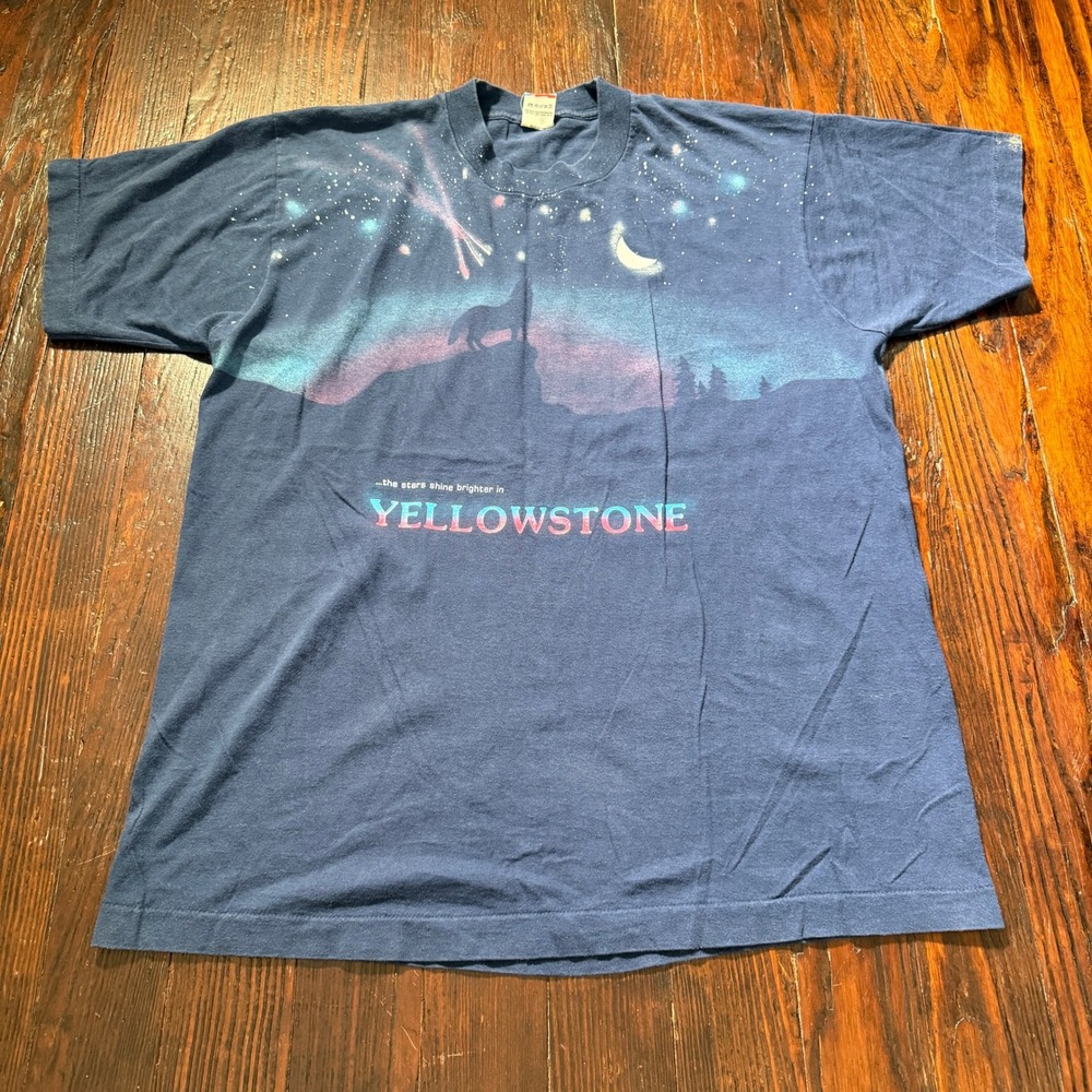 Vintage 90s Yellowstone Shirt Mens XL Single Stitch Wolf AOP Night Sky FOTL